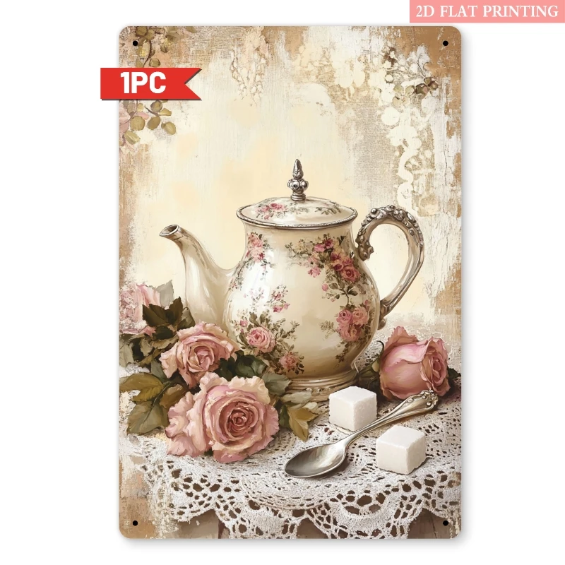 Vintage Floral Teapot Roses Iron Metal Tin Sign 8x12inch Rustic Kitchen Wall Decor Plaque