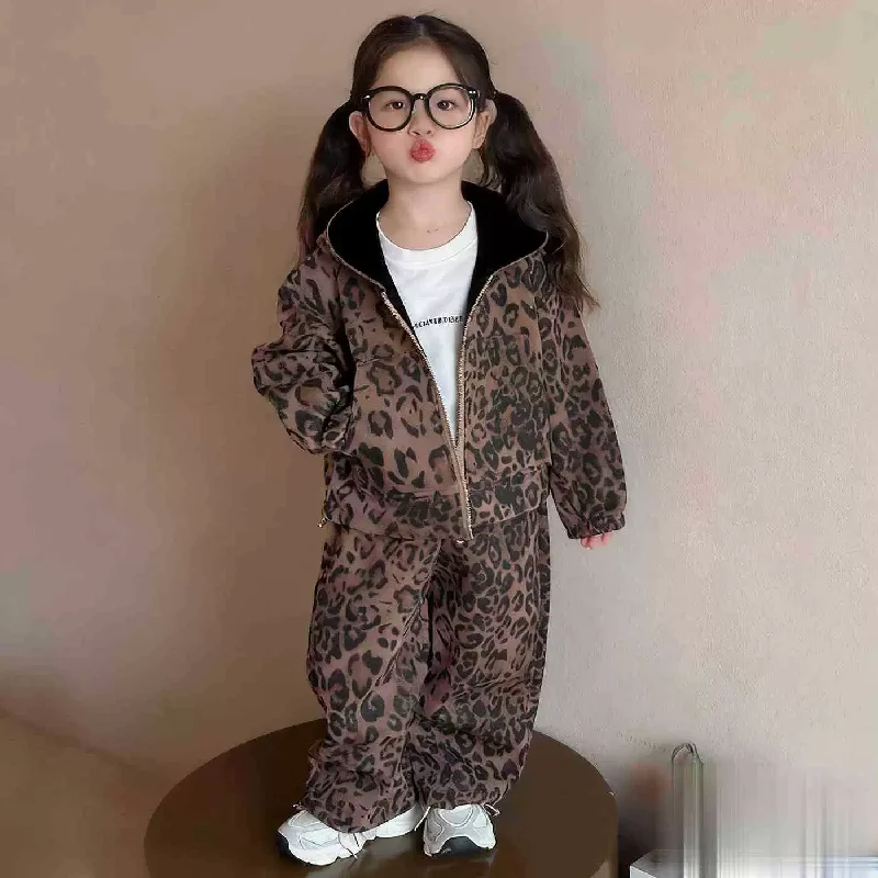 Girls Leopard Print Suits Autumn Winter Children Warm Tracksuit Clothing Sets Kids Fashion Hoodies+Pants 2Pcs Outfits 2-10 Years