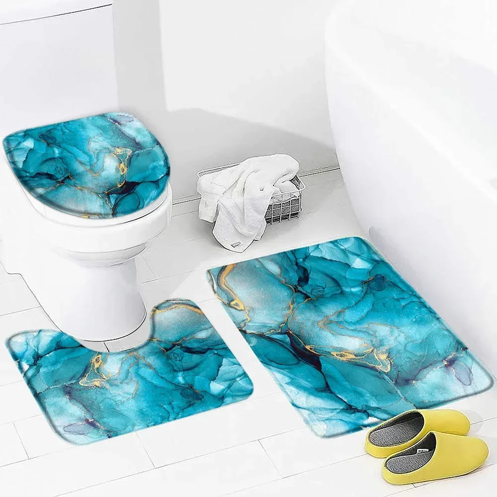 Abstract Marble Bath Mat Set Blue Green Purple Print Geometric Pattern Modern Home Bathroom Decor Non Slip Rug Toilet Lid Cover