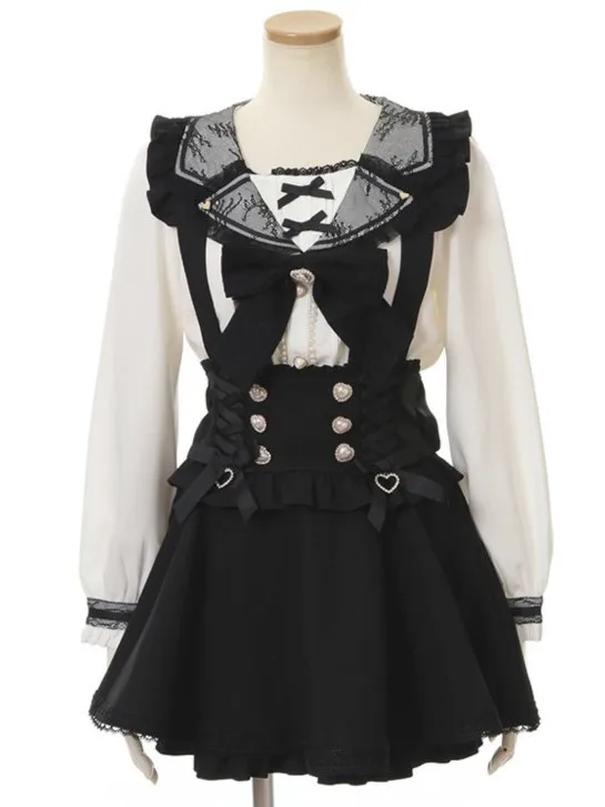 Dophee Japan Style Ribbon Bow Love Buckle Elegant Strap Skirts Women Lolita All-match High Waist Short A-line Y2K Gothic Skirt