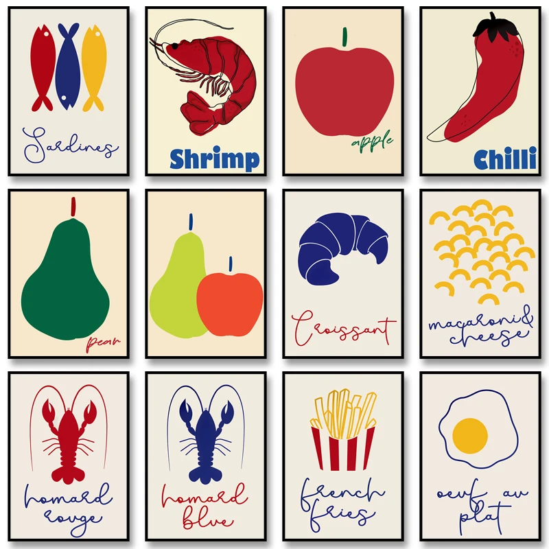 Modern Kitchen Posters Minimalist Canvas Painting Macaroni and Cheese Print Fruits Wall Art Picture for Kitchen Home Decoration
