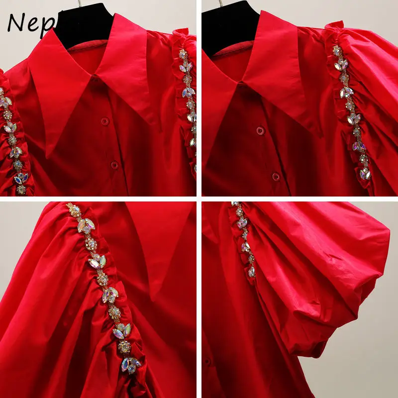 Neploe Heavy Beaded Diamond Sweet Lapel Blouses Big Puff Sleeved Single Breasted Short Shirt Fashion Trendy Temperament Blusas