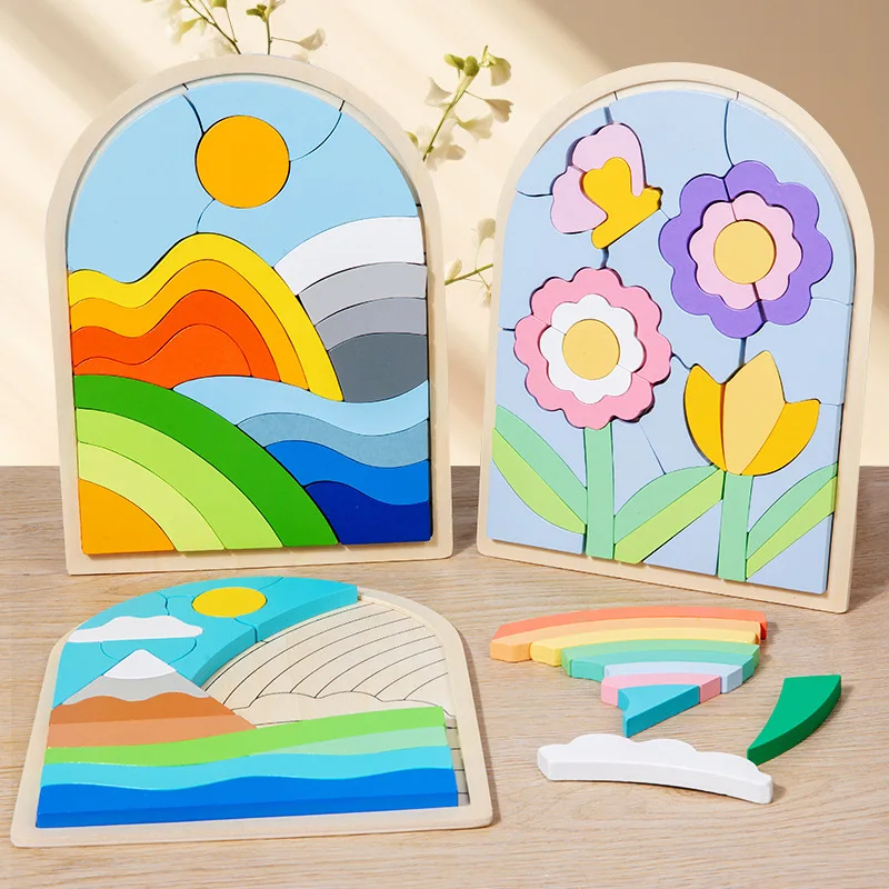 Wooden Flower Rainbow Matching Board Puzzles for Kids Educational Toys Children Color Cognitive Jigsaw Puzzle Montessori Games