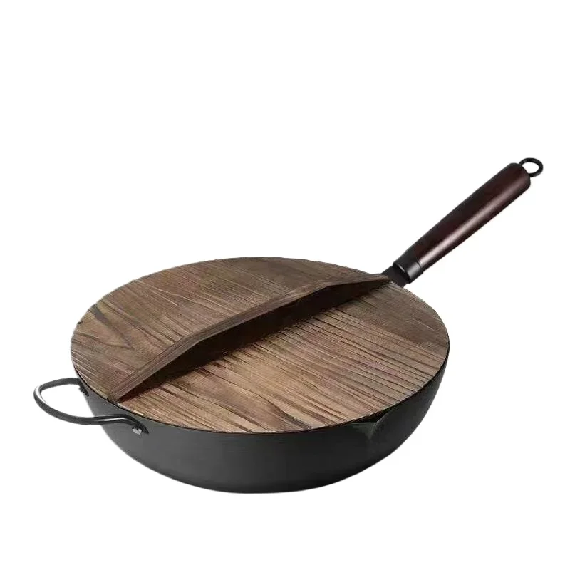 

Iron wok 32cm Traditional Iron Skillet with Wood lid Non-coated Pot Chinese Kitchen Cookware for Gas and Induction Cooker