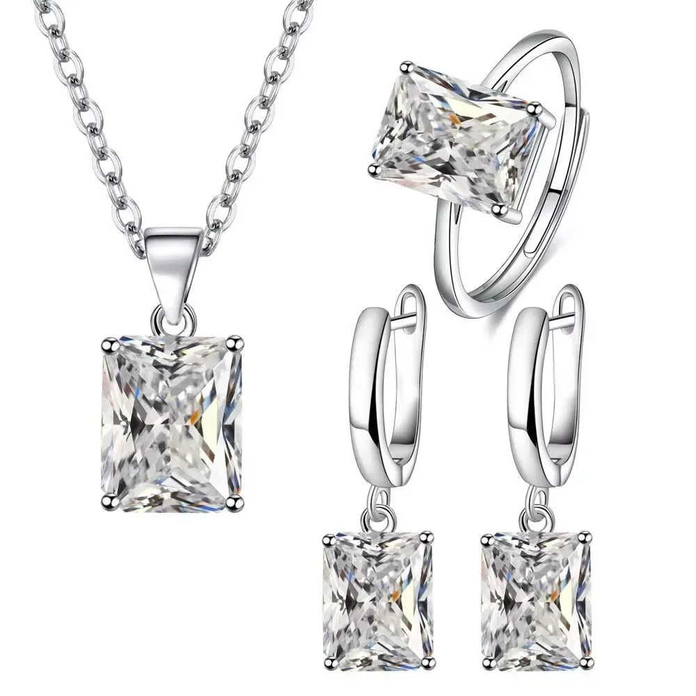 925 Sterling Silver Multicolor Square Zircon Necklace Earrings Ring Set Birthday Party Anniversary Set Gift