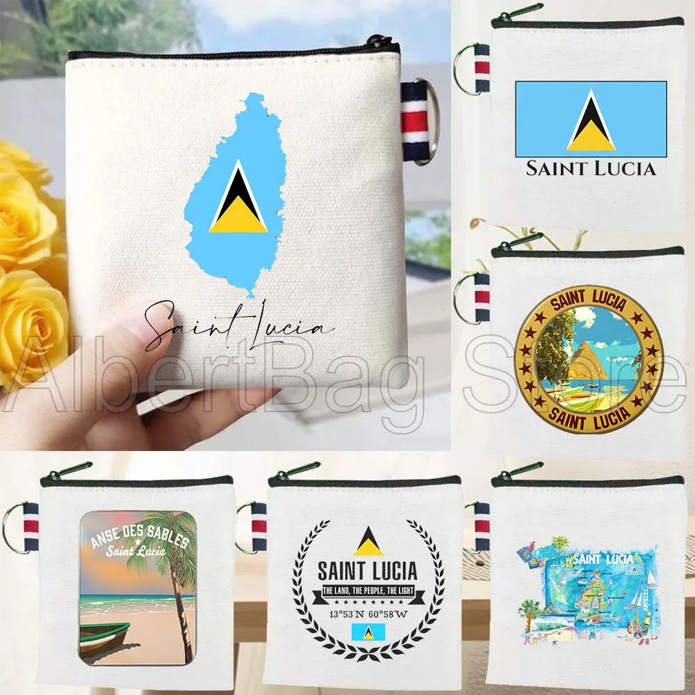 

Saint Lucia Map Flag Patriotic Travel Gifts Canvas Key Coin Purse Small Cotton Bag Travel Storage Card Bags Wallet Holders Pouch