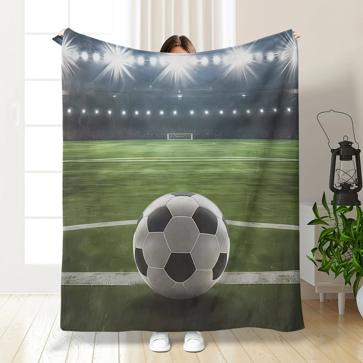 Football Field Blanket Realistic Night Soccer Stadium Scenery With Bright Spotlights And Classic Soccer Ball Design Soft