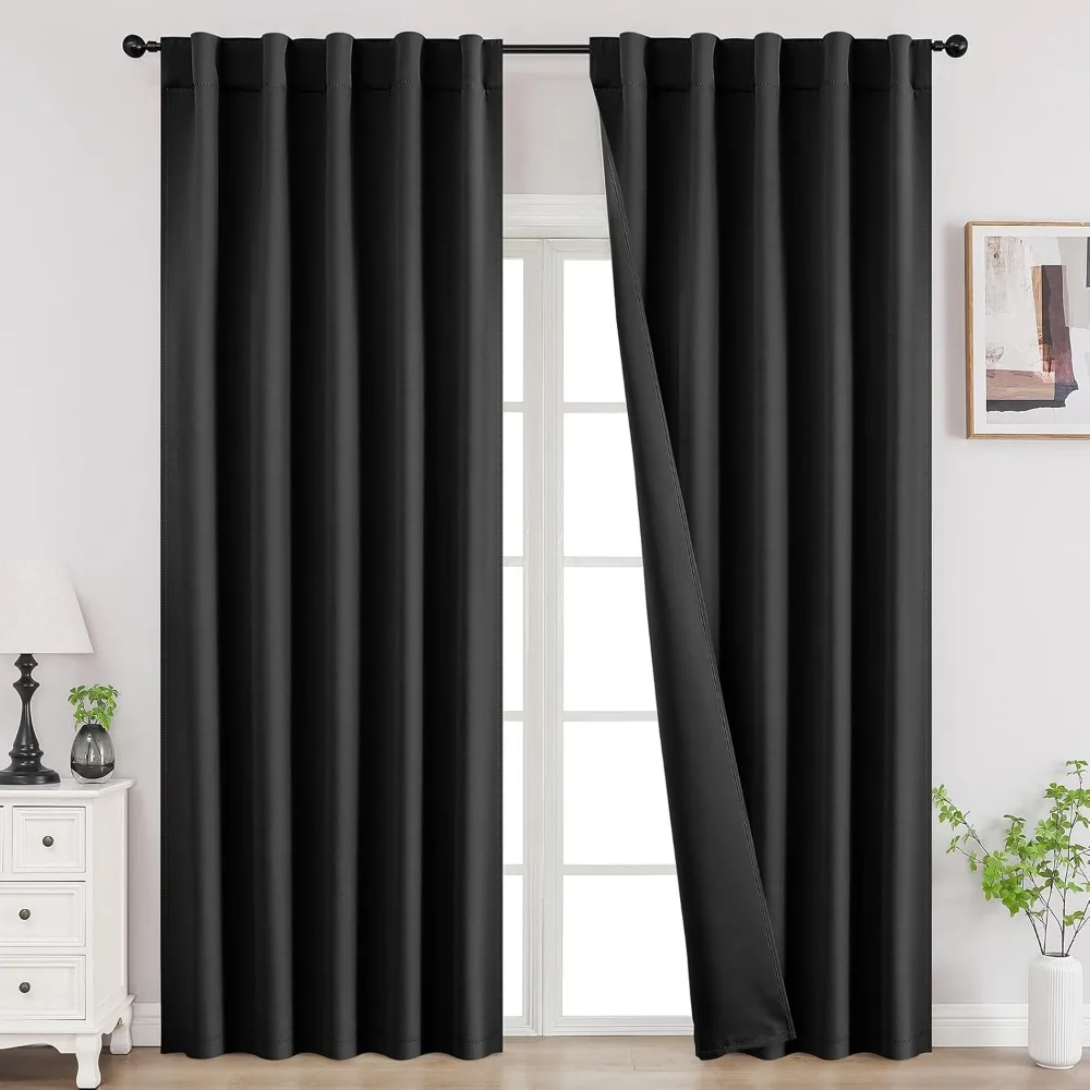 

joydeco blackout curtains for bedroom, black out curtains 108 inch long, room darkening noise reducing wrinkle-free drapes, blac