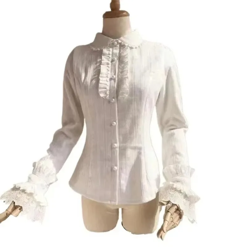 Sweet Lace Cotton Jacquard Lolita JSK Shirt Ruffle Long Sleeve Cute Women Preppy Collar Japanese Button Up Slim Tops