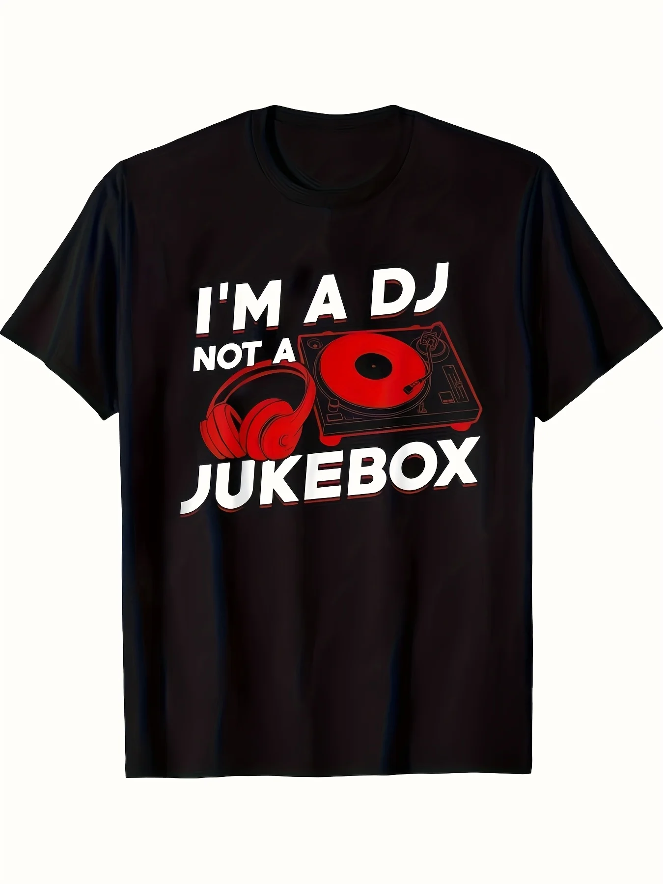 A Dj-Themed T-Shirt for Men, Featuring a Casual Round Neck And Short Sleeves, with a  Printed Design Saying 'I'M Not a Jukebox'. Made from Knit Fabric Suitable for All Seasons, It Has a Regular Fit Ideal for Everyday And Casual Wear