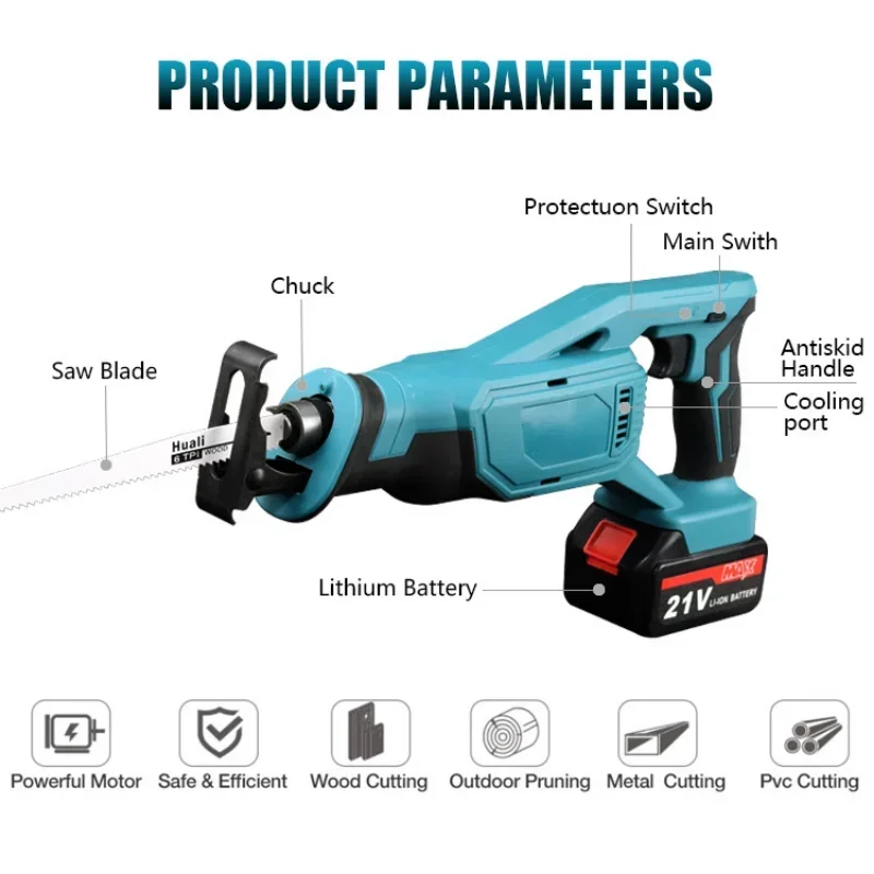 21V Cordless Reciprocating Saw Portable Adjustable Speed Chainsaw Wood Metal PVC Pipe Cutting Saw Power Tool Makita Battery