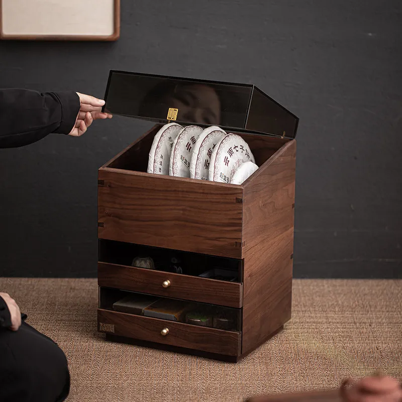 Walnut solid wood bucket cabinet dental cabinet tea cake tea set accessories Wenwan tea room household advanced storage locker