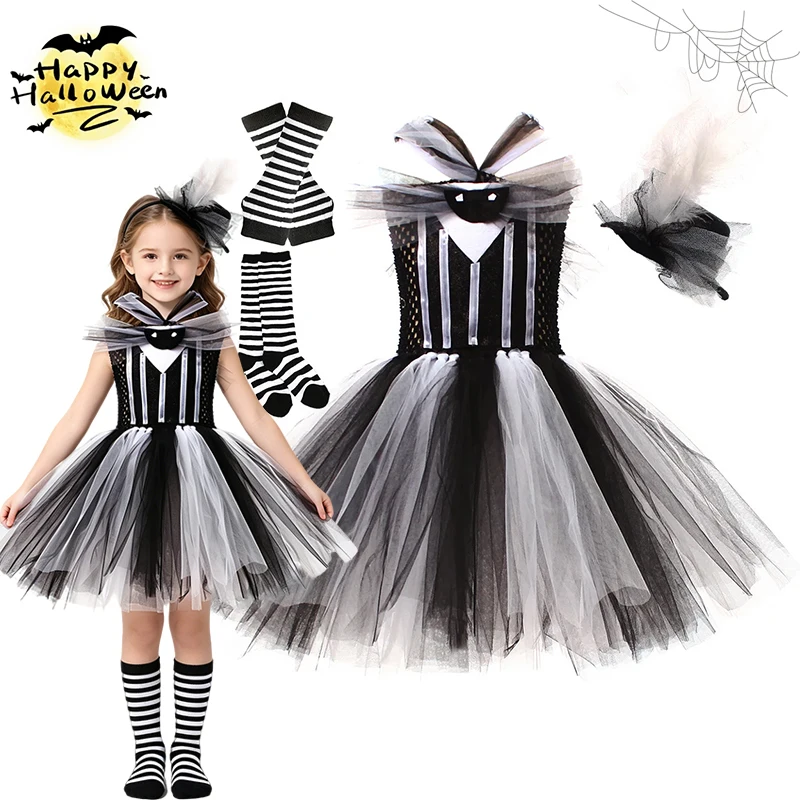 Girls Sleeveless Mesh Tutu Cosplay Outfit Kids Halloween Costume for Trick Or Treat Themed Birthday Carnival Party Dress‑Up