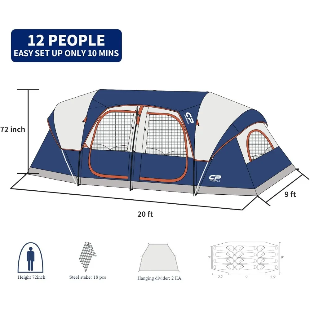 Tent 12 Person Camping Tents, 2 Room Weather Resistant Family Cabin Tent,6 Large Mesh Windows,Divided Curtain for Separated Room