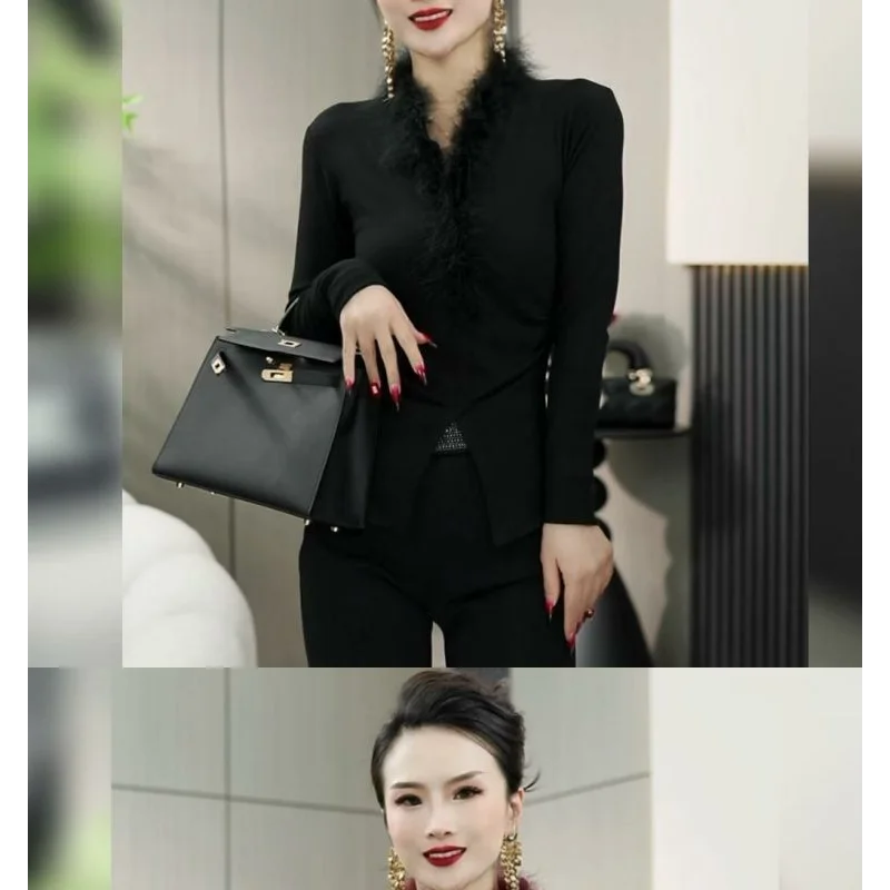 Autumn and Winter Women's New Versatile Patchwork V-neck Fashionable Solid Color Slim-fit Pleated Fur Patchwork Bottoming Top