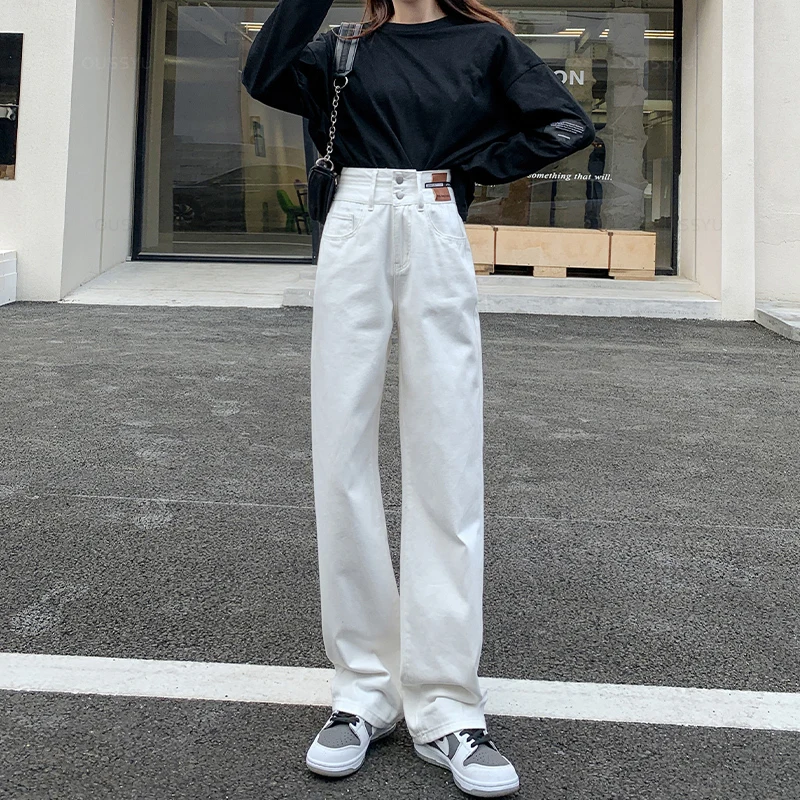 ﻿High Quality Cotton Woman Jeans High Waist Wide Leg Blue White Streetwear Vintage Straight Pants American Y2K Extended Trouser