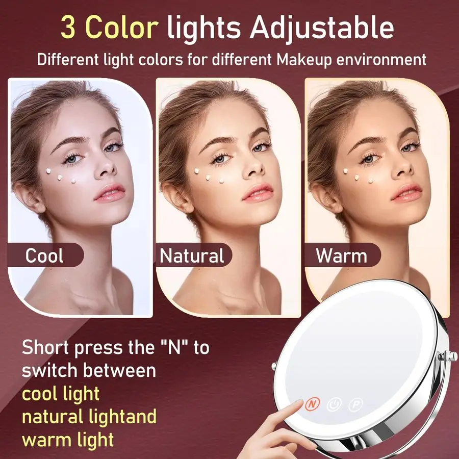 Spiegel met verlichting, 20x vergrotende spiegel met licht voor dames, 5000 mAh make-upspiegel met verlichting en 3 kleuren, 2 zijdelings verlicht