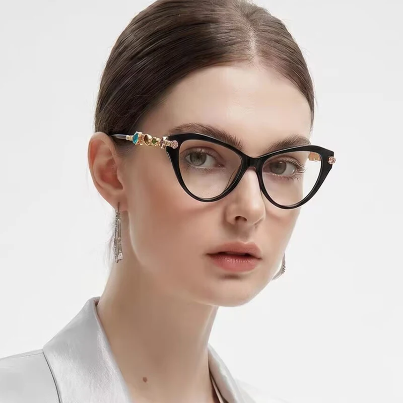 High Quality Sheet Metal Gemstone Glasses Frame Cat Eye Optical Men's And Women's Fashionable Glasses Frame With Prescription
