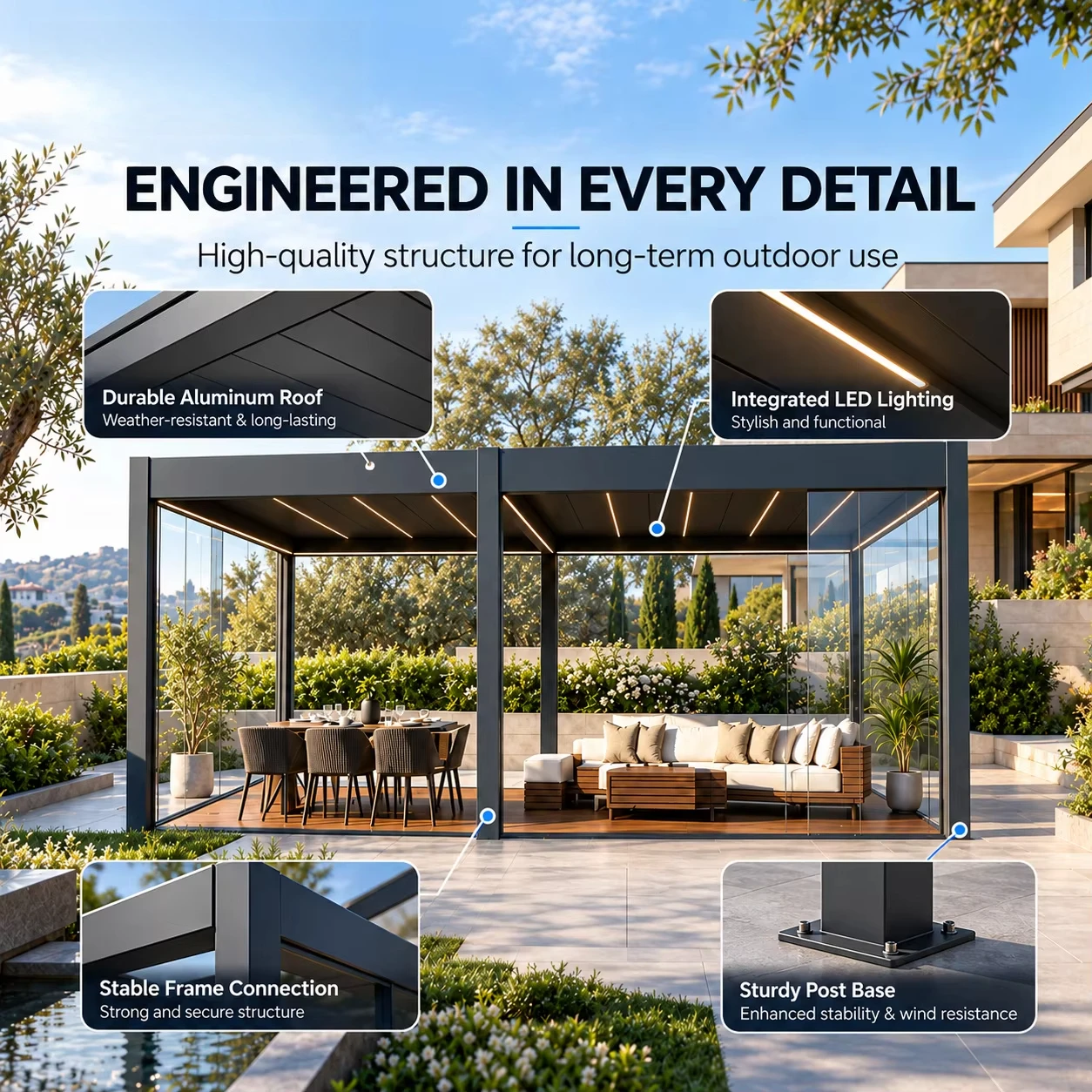 Modern Elegant Aluminum Pergola Motorized Adjustable Louver Roof For Villa Balcony Terrace Outdoor Leisure Area