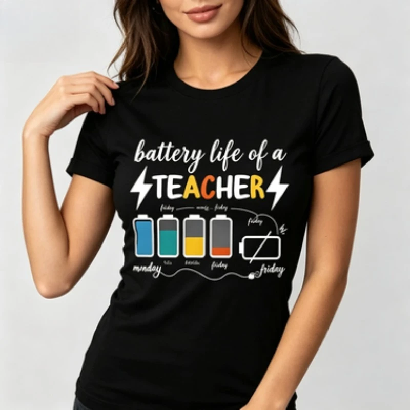 Female Summer Crew Neck Tee, Funny Teacher Week Battery Graphic Cotton T‑Shirt Casual Daily Top