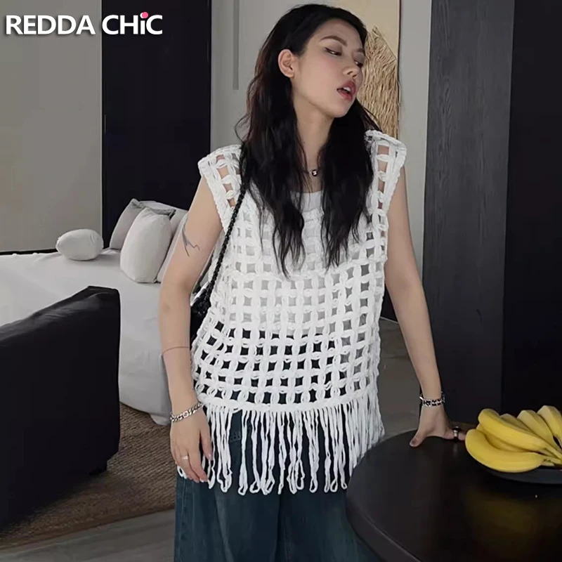 REDDACHiC Hollow-out Woven Fringe Tank Top for Women White Casual Summer Layering Round Neck Sleeveless Vest Bohemia Beachwear