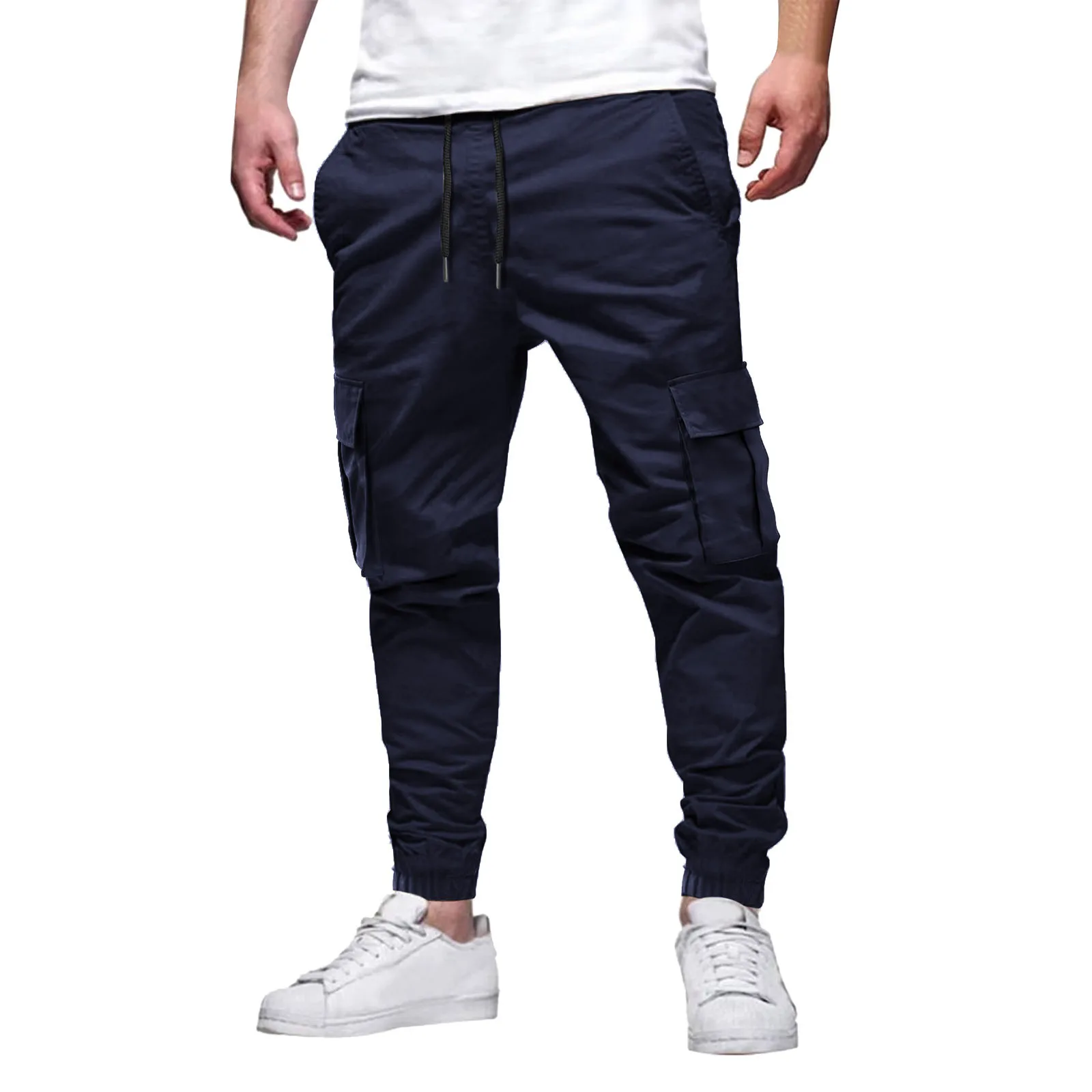Men's Casual Multi-Pocket Elastic Waist Overalls Ankle Pants Outdoor Sports Solid Color Spring Autumn Nine-Point Trousers