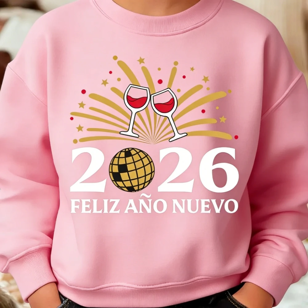 بلوفر Feliz Año Nuevo 2026 ملابس السنة الجديدة الإسبانية ملابس سنة جديدة سعيدة للرجال والنساء ملابس غير رسمية للعطلات برقبة دائرية #3