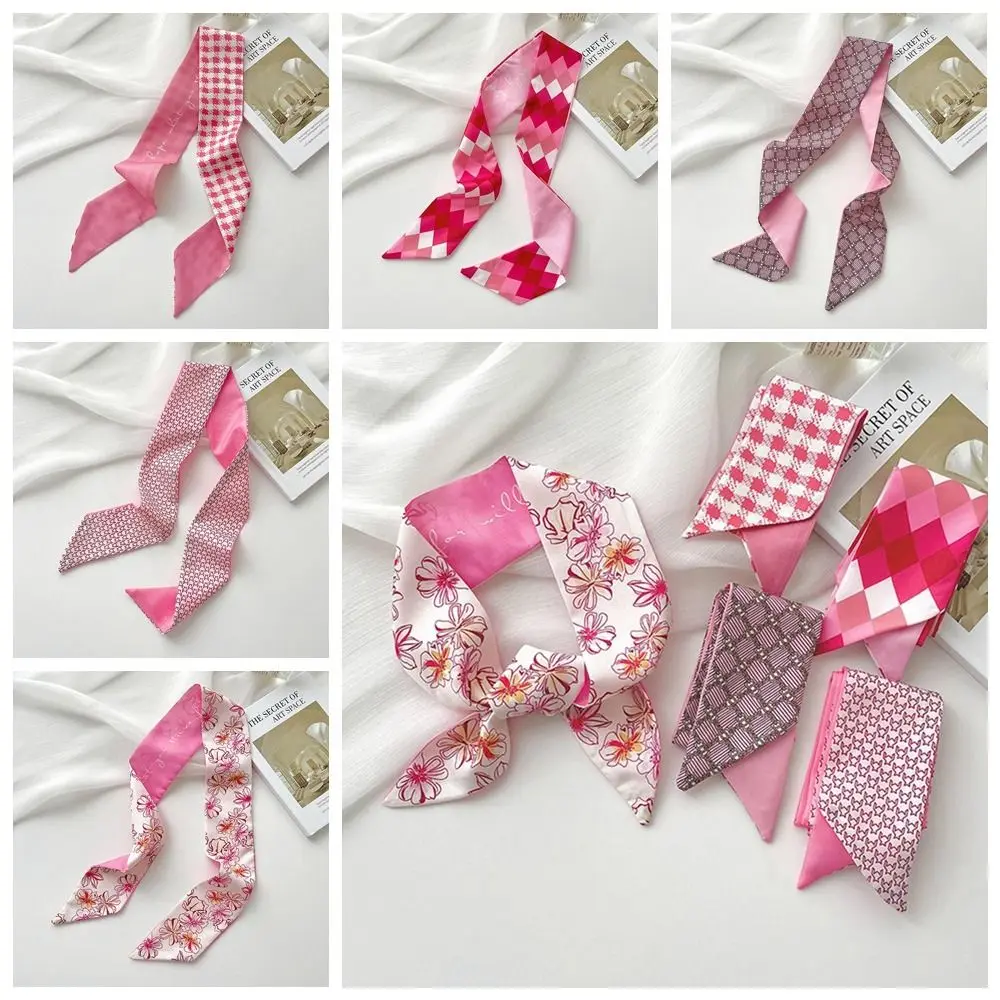 

Elegant Ribbon Headband Silk Scarf Flower Pink Printed Scarf Neckerchief Collocation Clothing Accessories Long Scarf Female