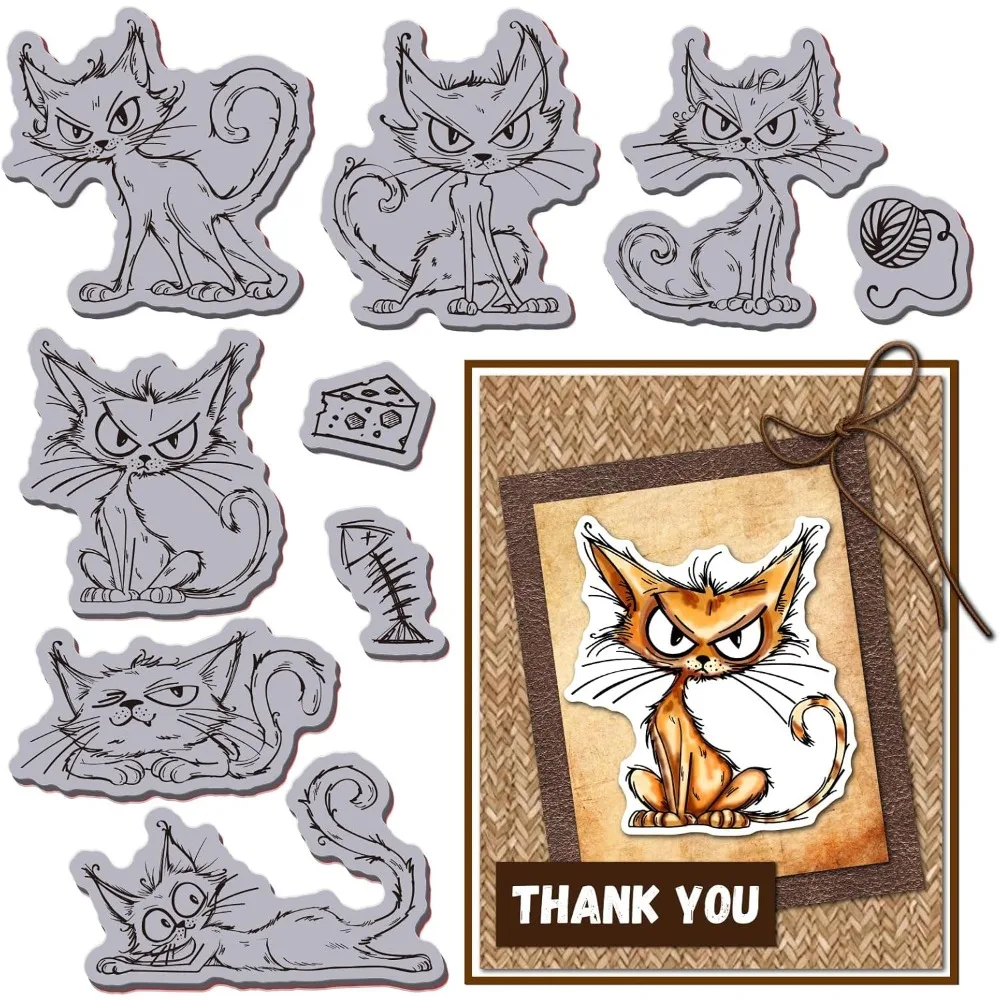 Cute Angry Cat Rubber Stamp Funny Sketch Cat EVA Cling Mount Stamps Fish Bone Yarn Rubber Stamp Set for Card Making Photo Album