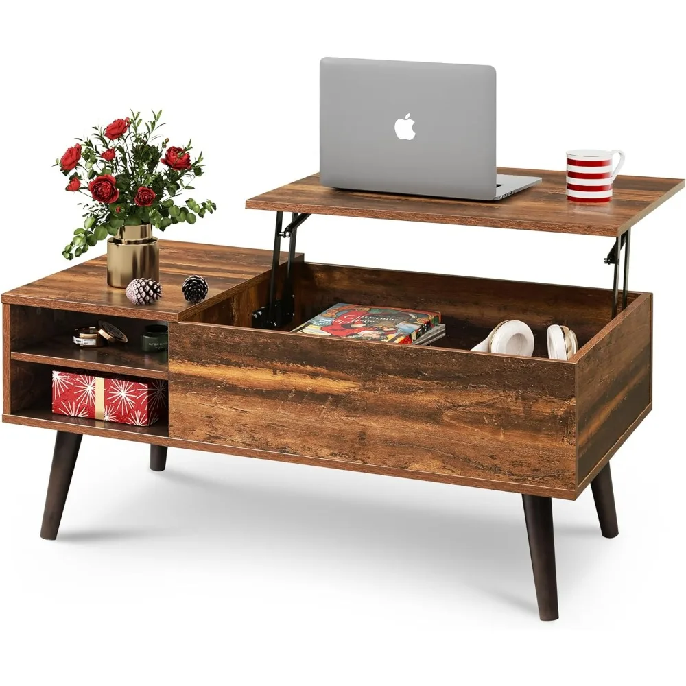 Wooden raised coffee table with hidden compartments and adjustable storage shelves, made of rustic oak