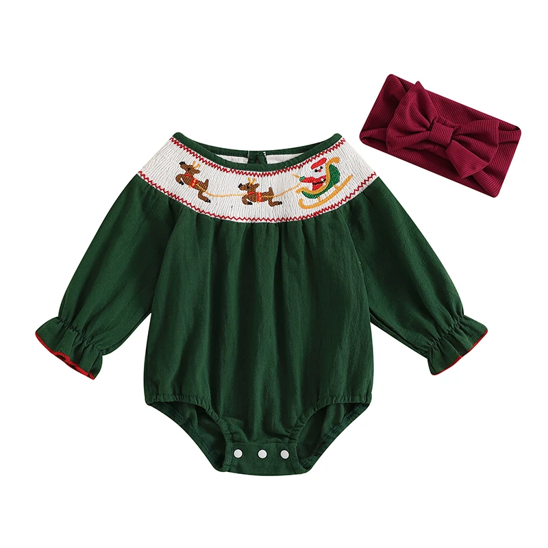 Sister Matching Outfits for Christmas Reindeer Embroidery Long Sleeve Round Neck Romper Dress