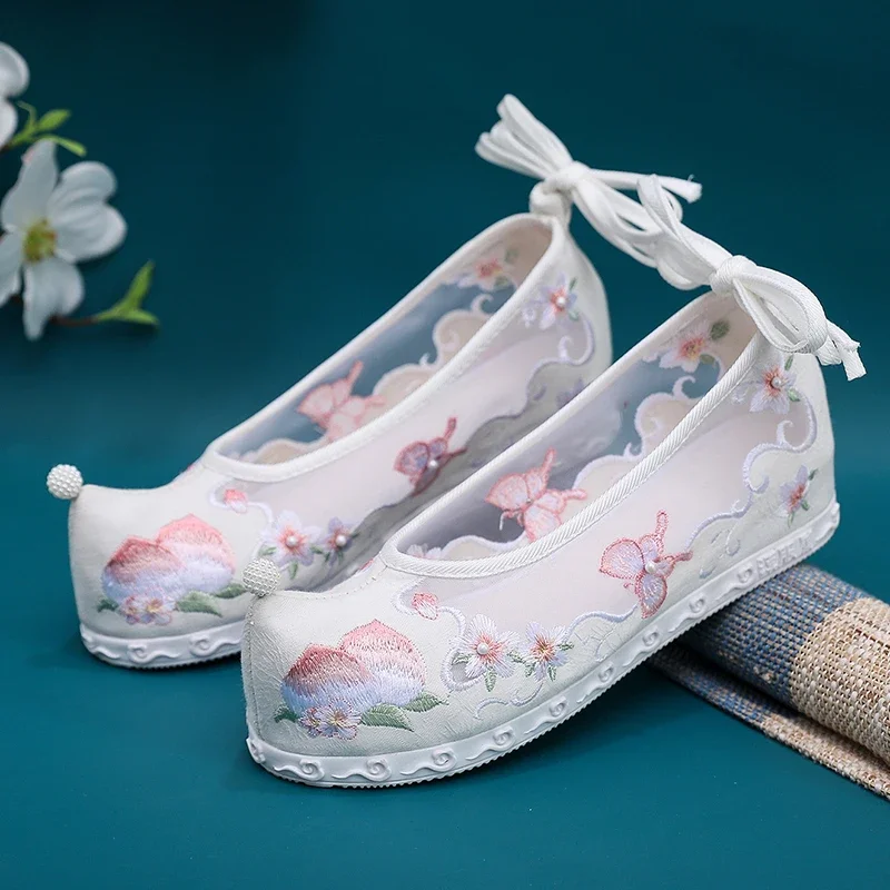 

Summer Women Ankle Strap Chinese Style Embroidered Gauze Mesh Platform Flats Ladies Comfortable Hanfu Shoes White Pink