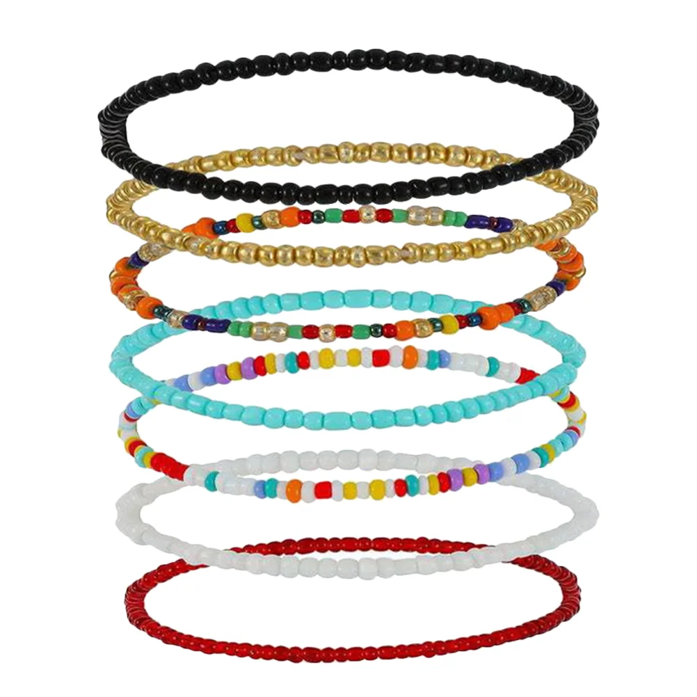 7 Pcs Bead Anklet Set Work Wear Anklets Beaded Girl Elastic Plastic Resin Beads Bracelets Daily