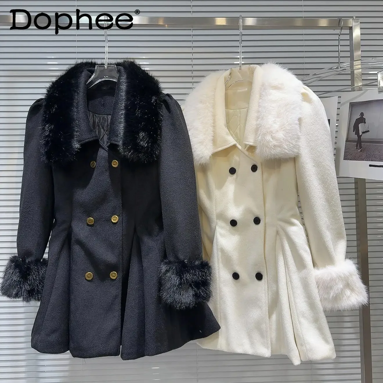 Winter New French High Waist Artificial Fur Collar Padded Cotton Warm Trench Coat Women Thick Elegant Temperament Woolen Coat