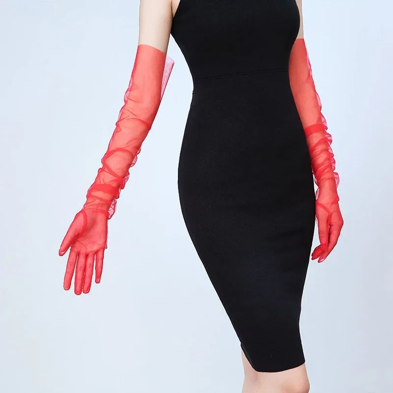 70 سنتيمتر النساء طويلة رقيقة جدا قفازات تول الكوع حفل زفاف فستان عروس القفازات شير شفافة خمر أسود أبيض قفاز شبكي