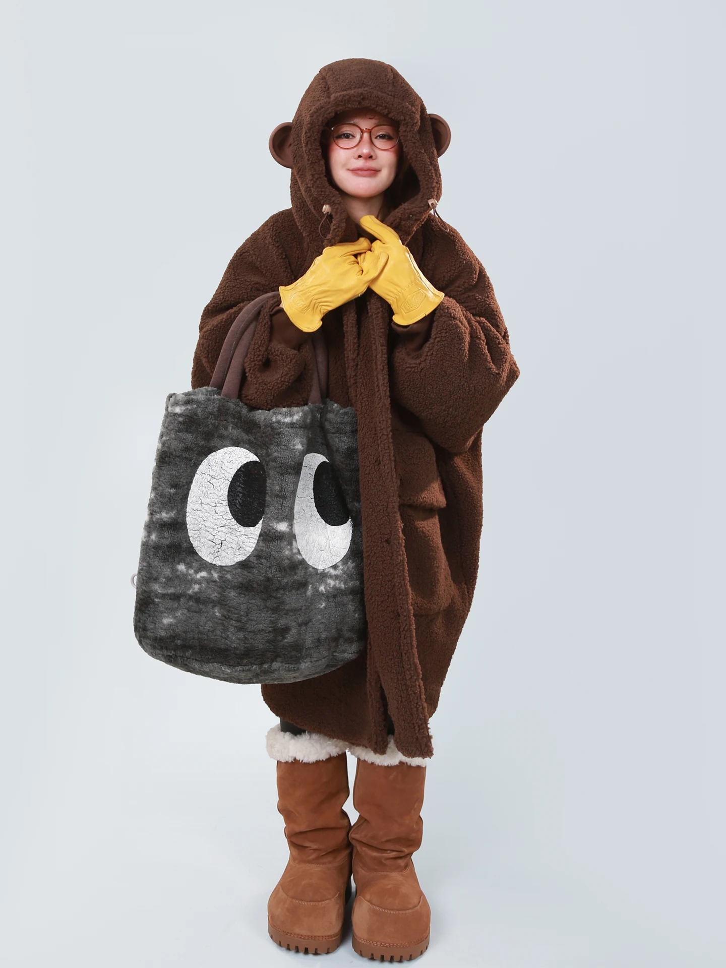 

Adorable Lamb Fur Jaet Women's Sli Streetwear Coat Warm Cute Monkey Design Eco-friendly Long Sve Hooded Mid-Length