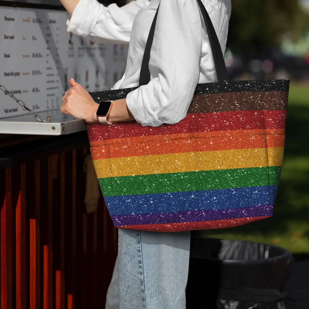 Faux Glitter Rainbow Pride Flag LGBT Gay Lesbian Beach Tote Bag Sport Gym Yoga Duffle Large Tote Bag Women Travel Bag