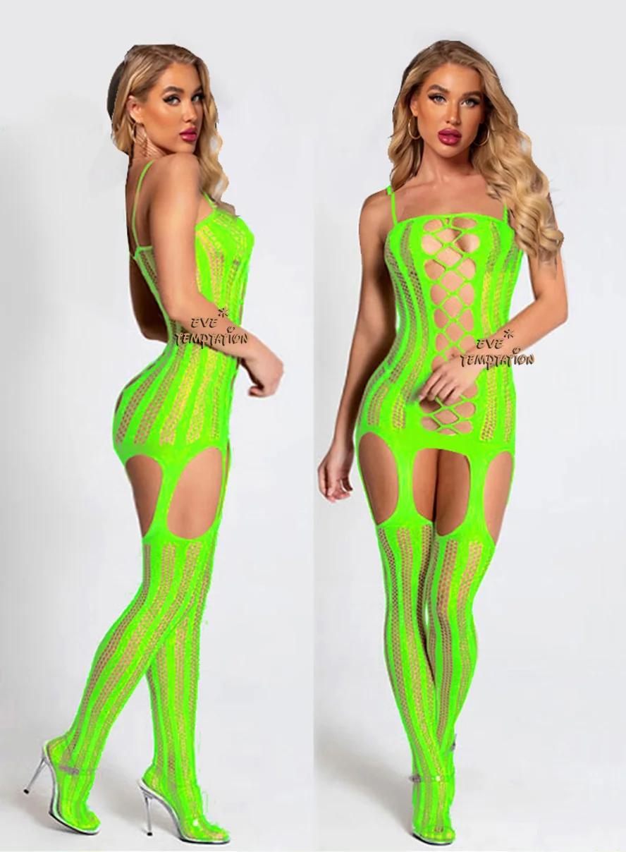 HOT Sexy Lingerie Babydoll perforate Underwear Translucent nightgown shoulder Teddies Nightgown Costumes dress Fluorescent green