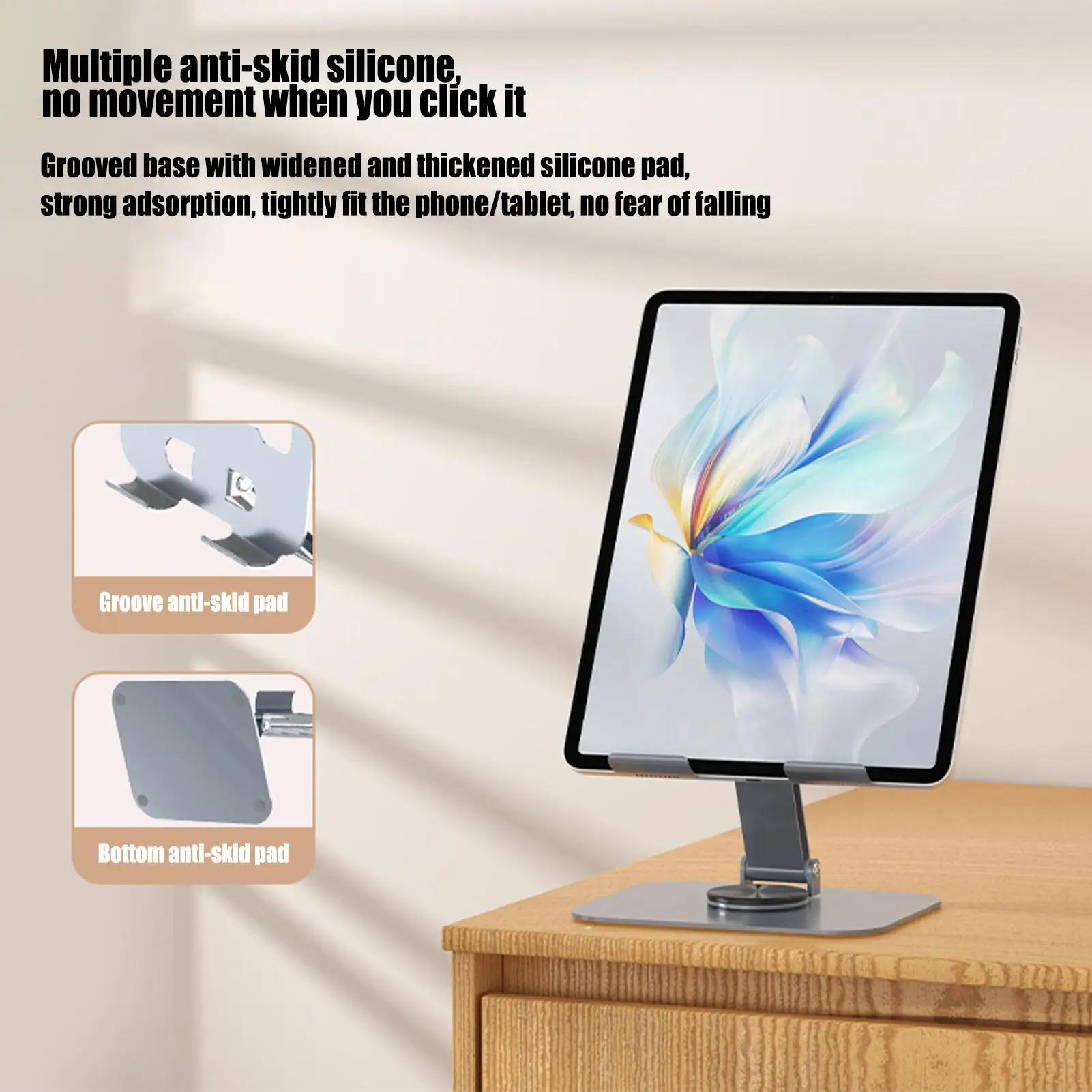 حامل لوحي من الفولاذ الكربوني مع قاعدة دوارة 360 درجة، ارتفاع قابل للتعديل وزاوية جبل، حامل أقراص مكتبي موفر للمساحة