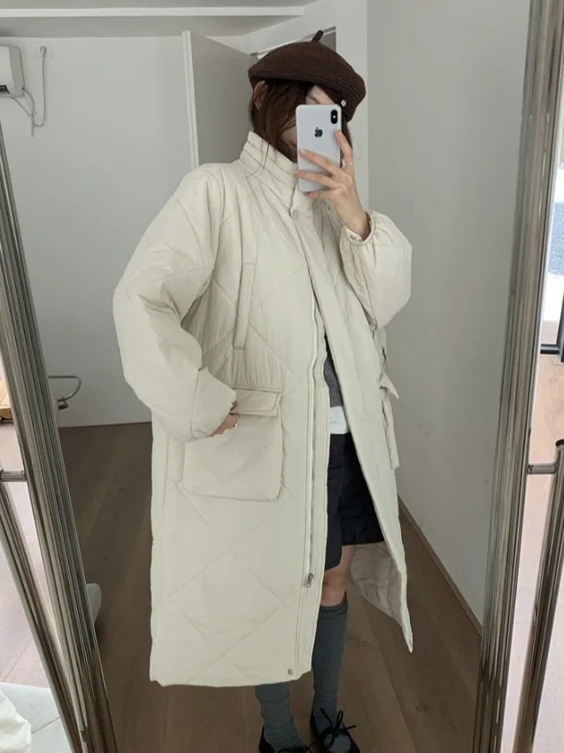 Invierno Aosphere algodón Jaet mujer Faion Stand Collar suelto inserto algodón cálido patrón de diamante abrigo de algodón