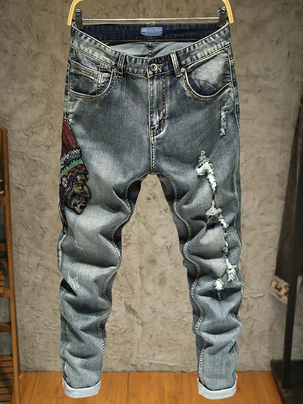 

Мужские джинсы Slim Fit с вышивкой и рваными элементами, средняя посадка, на молнии, повседневные, премиум-качество, модные, для весны и осени