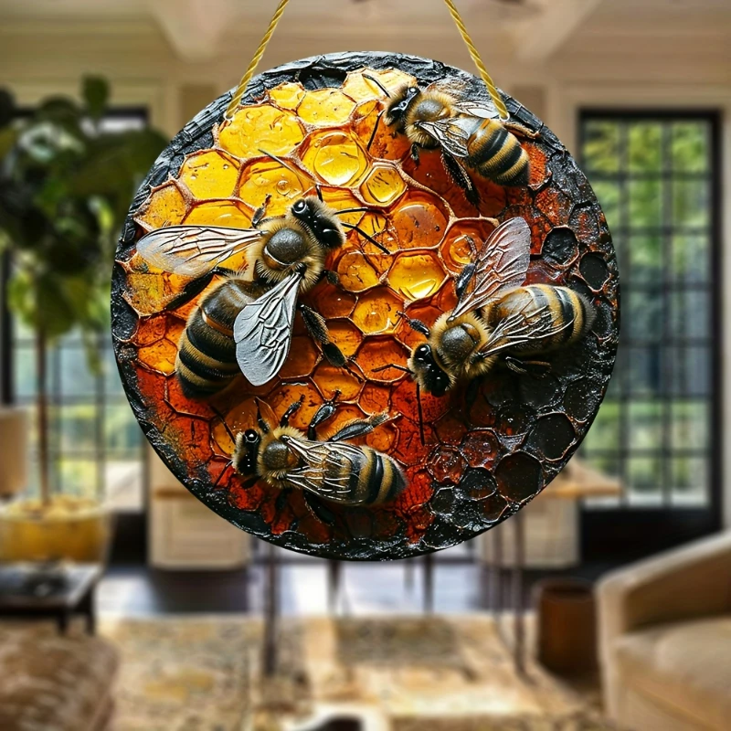 Bees in Labor Hive Stained Window Hanging Sun Catcher Sunshade Bee Sign Gift for Family Friends Acrylic Creative Round Wreath