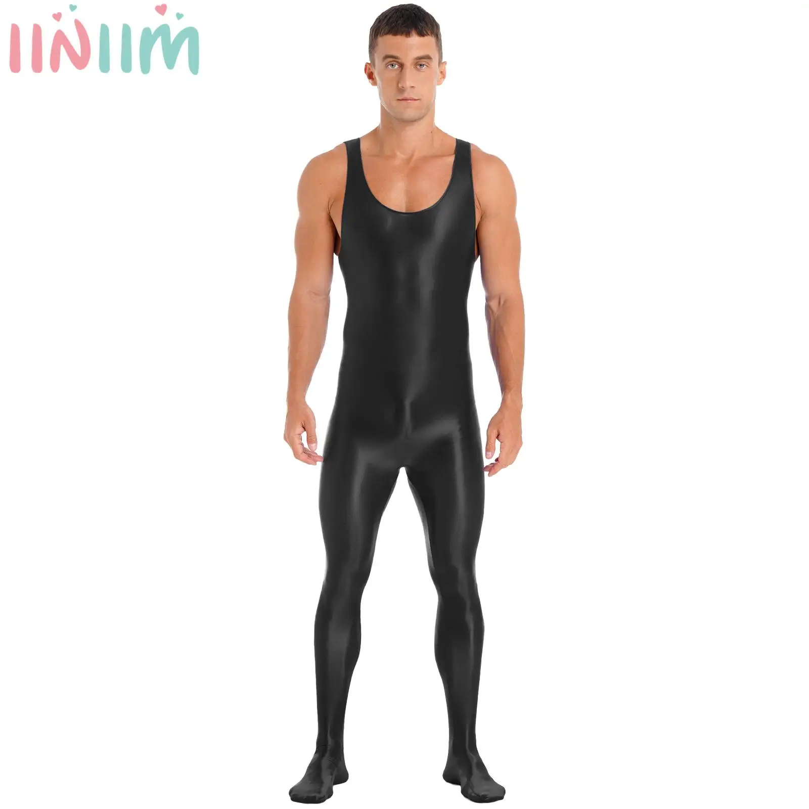 Mens Oil Shiny Sleeveless Footed Bodysuit Bodybuilding Fitness Workout Swimwear Wrestling Jockstrap Singlet Jumpsuit Rash Guard