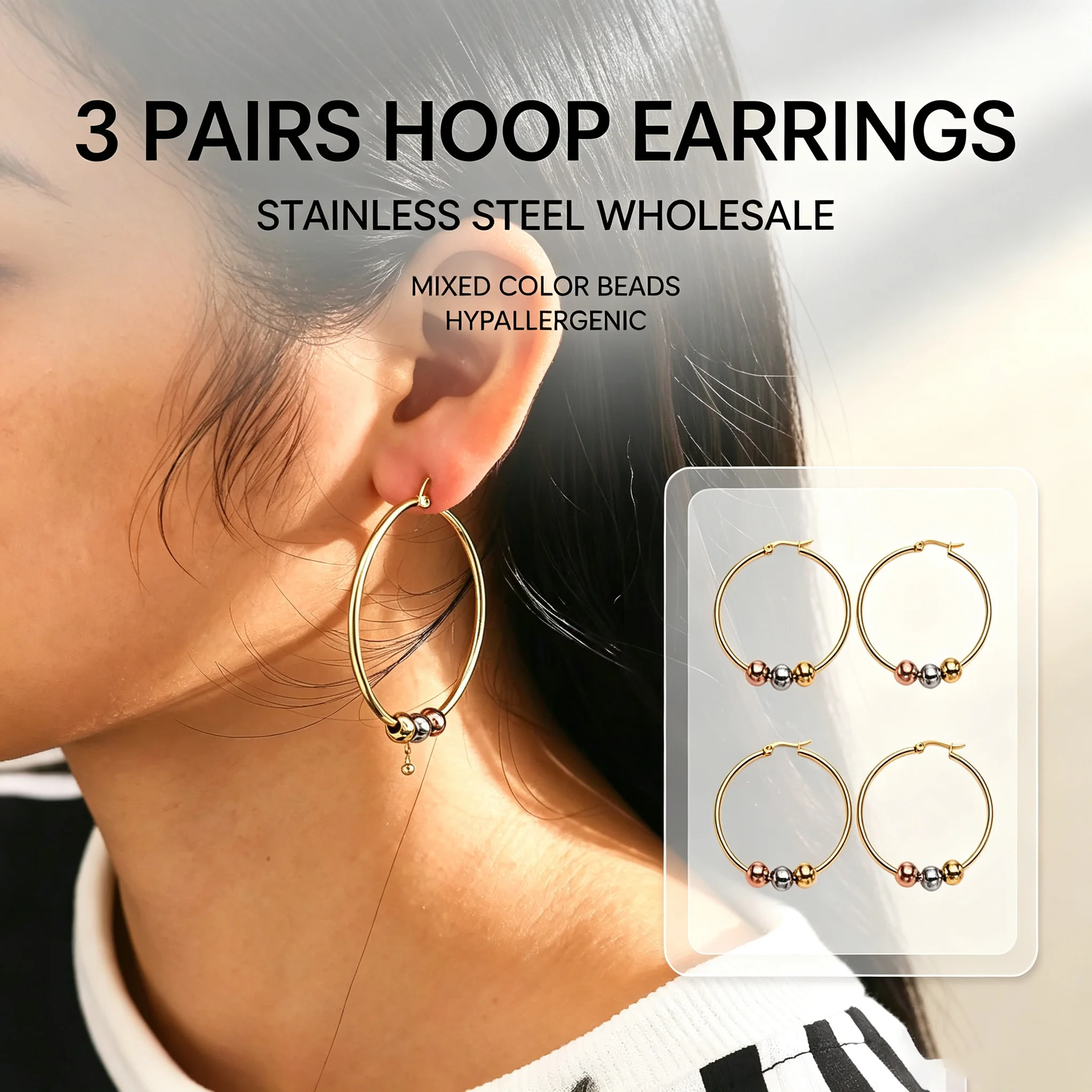 Wholesale 3 Pairs Stainless Steel Hoop Earrings Mixed Color Beaded Circle Earrings Three‑tone Ball Gold Plated Jewelry Set