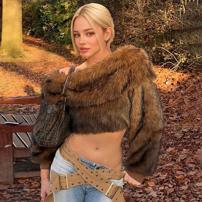 

Women Thick Warm Faux Fur Pullover Crop Tops Fashion Luxury Lapel Slash Neck Off Shoulder Long Sleeve Casual Furry T-shirts