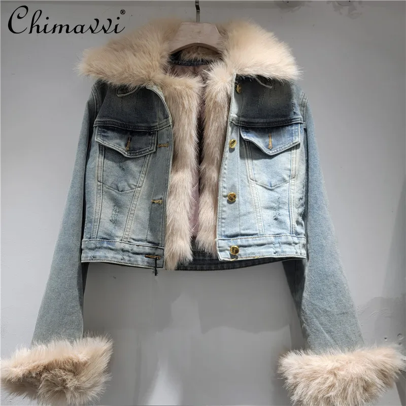 

Fashion Street Style Hot Girl Short Parkas Coats Detachable Faux Fur Collar Patchwork Denim Jacket Women Winter Warm Overcoats