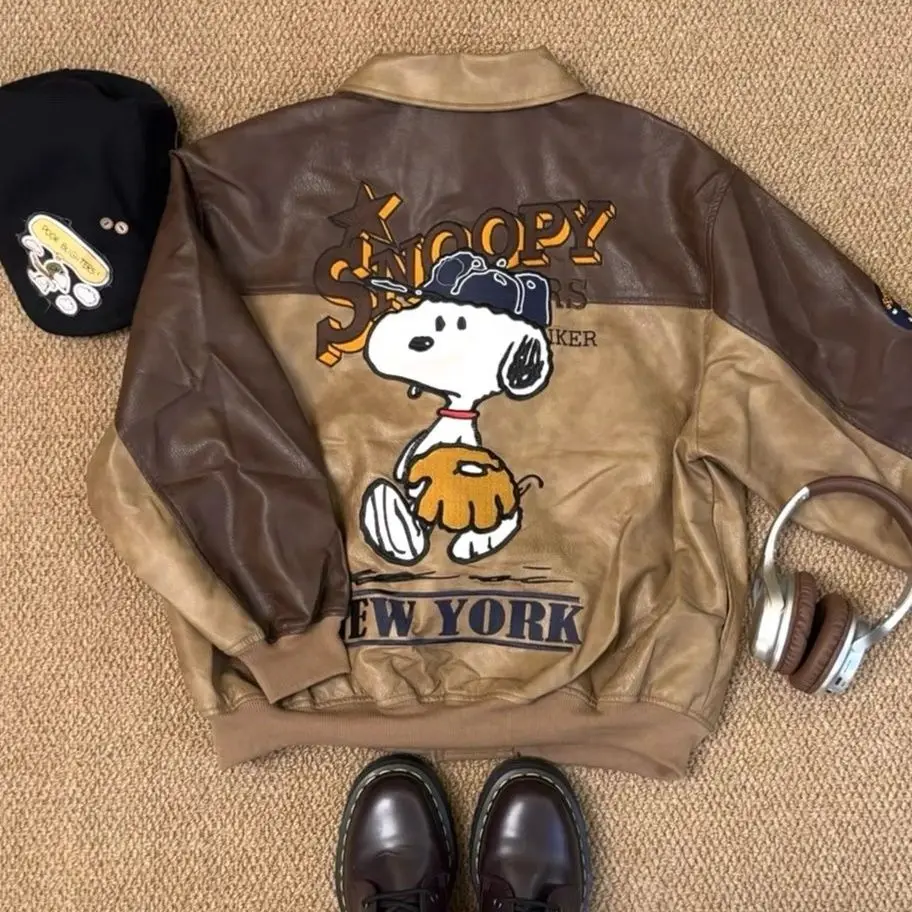 Snoopy Peanuts Vintage Leather Varsity Jacket Embroidery Patchwork Lapel Button Up Thick Quilted Liner Baseball Coat Streetwear