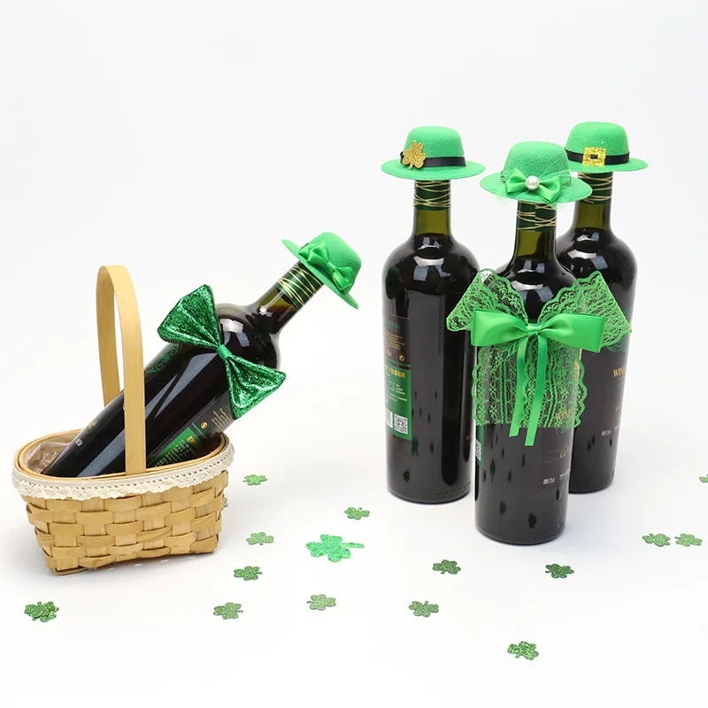 Gorros decorativos para botellas de vino del Día de San Patricio, lazos con lazo, tapa para botella de vino verde, pajarita, accesorios de decoración de escena de fiesta irlandesa