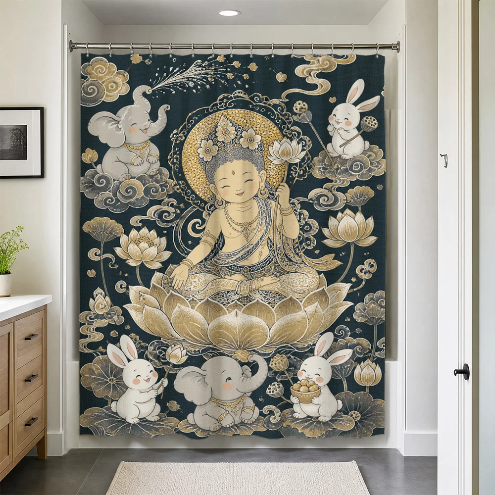 Waterproof Asian Buddha Shower Curtain Boho Tropical Elephant Rabbit Lotus Divine Art Bathroom Shower Liner Curtain Decor