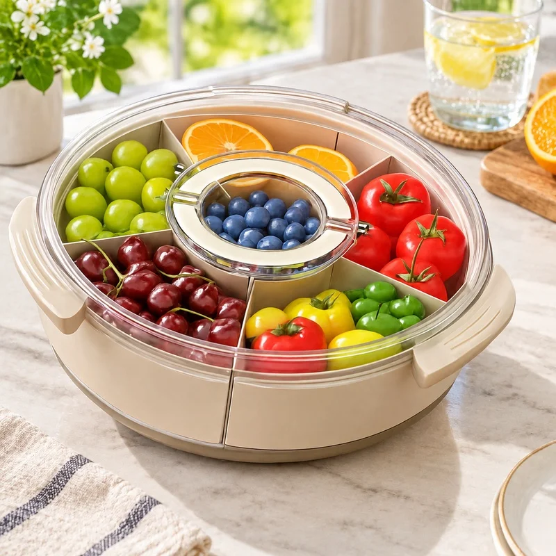 Rotatable Snack Tray with Dividers, Handle, and Transparent Cover for Storing Fruits, Veggies, and Appetizers